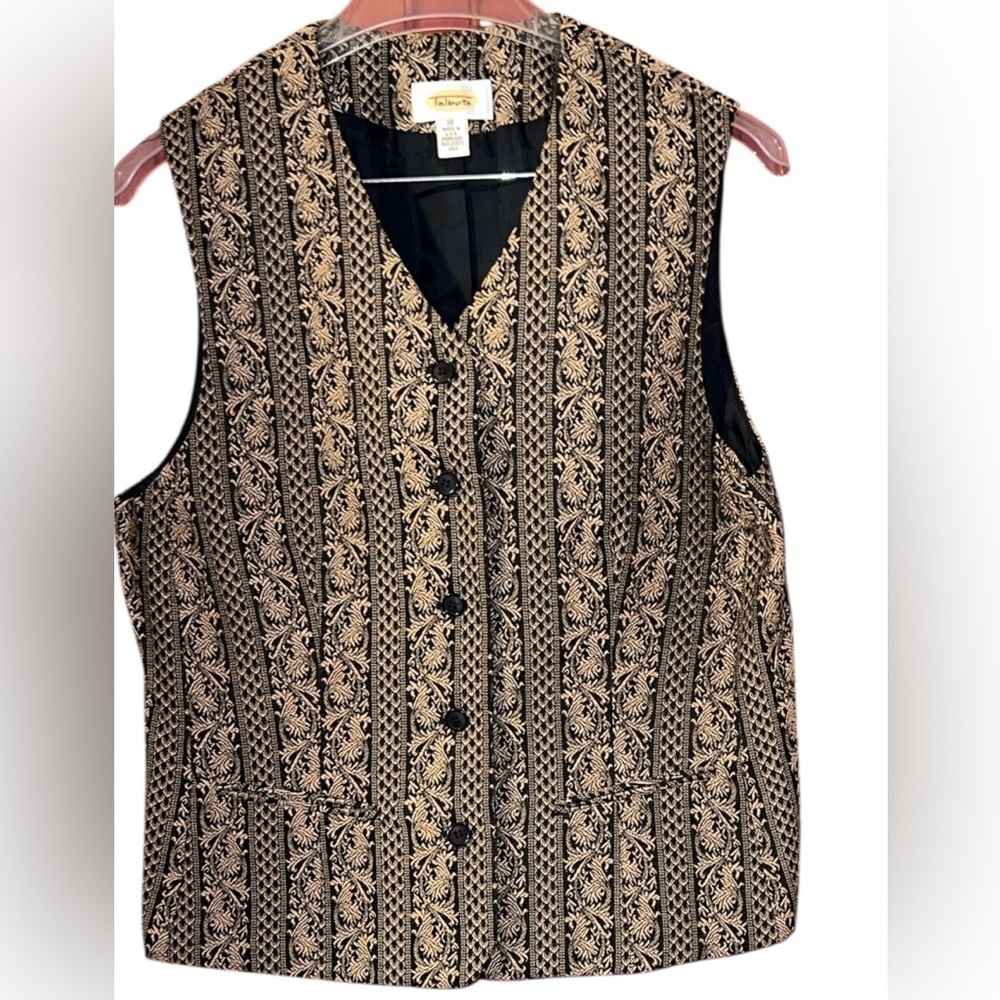 Talbots Goth Steampunk Black and Gold Brocade Vest 10